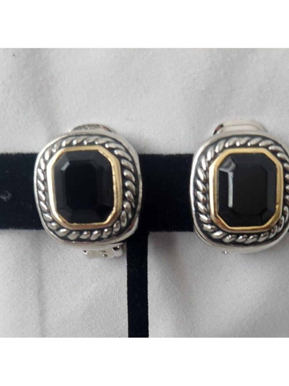 Vintage Cable Trim Earrings, Gold and Silver tones with Black Onyx